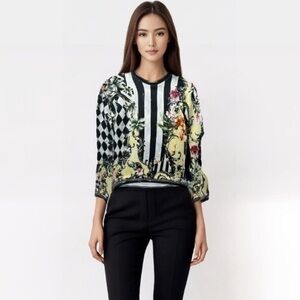 Balmain Printed Stretch Satin Jersey Striped Floral Pullover Black White US 6